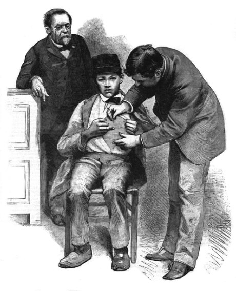 Dessin de l'examen d'un enfant supervisé par Louis Pasteur.
