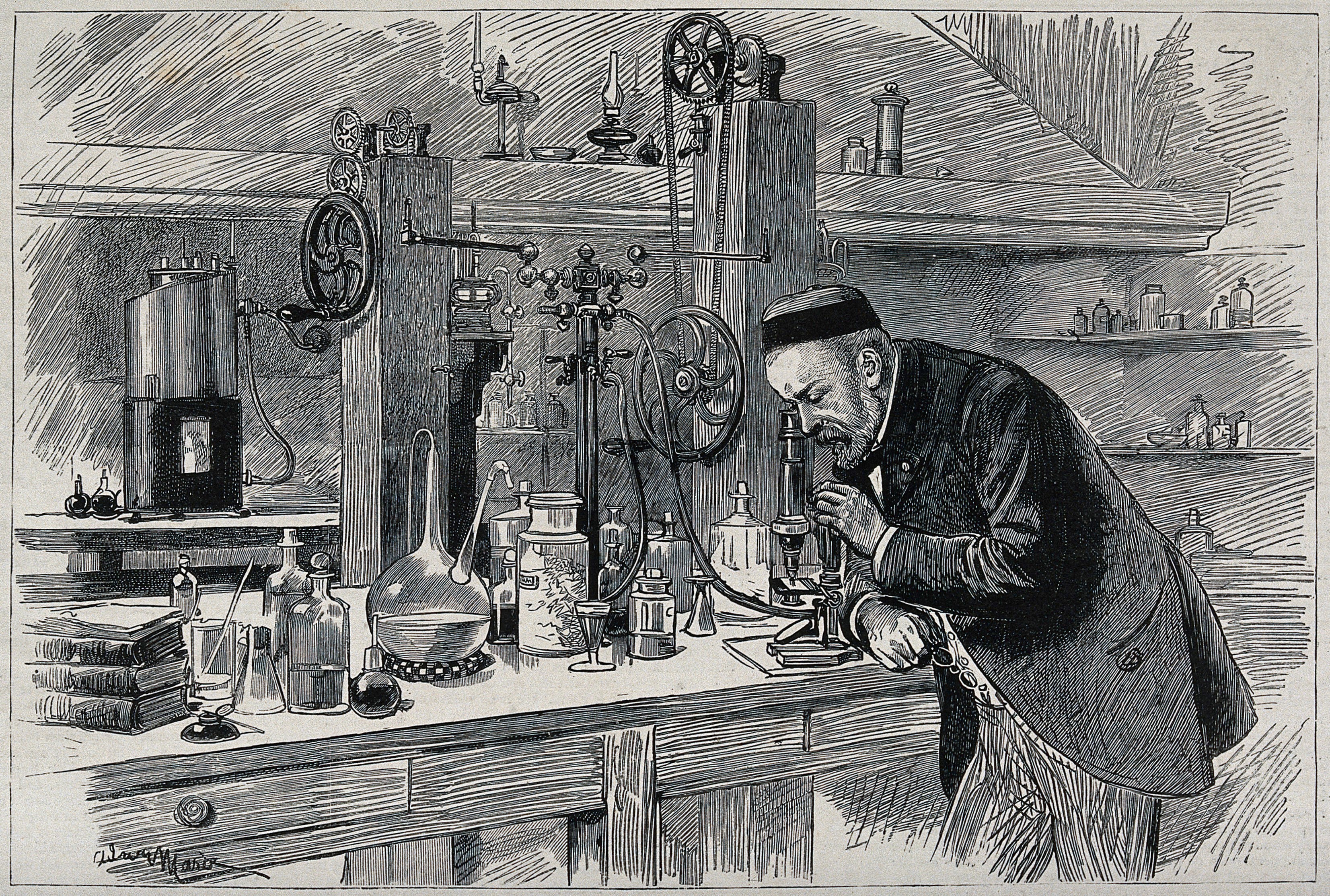 Une gravure de Louis Pasteur à son laboratoire.